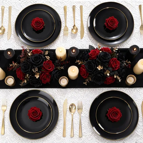 Vista 6 de YOUBET 125 piezas de platos de plástico negros y dorados - Platos desechables negros con borde dorado - Incluye 25 platos de cena, 25 platos