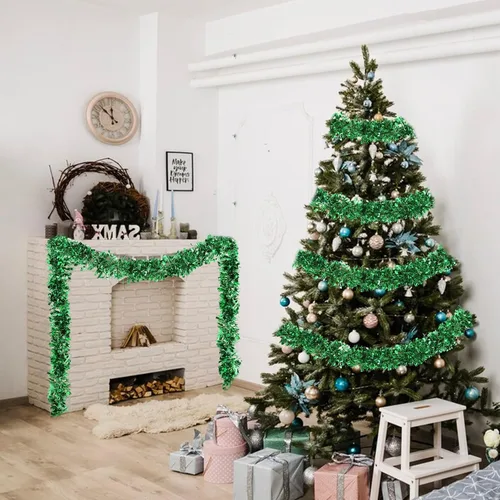 Vista 6 de VESPRO Guirnalda metálica verde para árbol de Navidad de 59 pies con purpurina para decoración de interiores y exteriores