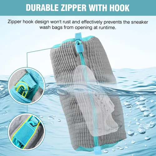 Vista 4 de Bolsa para lavadora de zapatos, bolsa de lavandería para lavadora y secadora, incluye bolsa de red seca, cremallera reutilizable y duradera con Gris