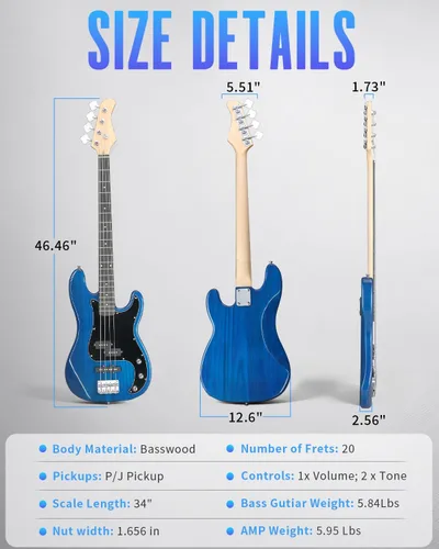 Vista 8 de Ktaxon 4 String Bass Guitar, Full-Size Electric Bass Guitar Kit(Dark Blue)