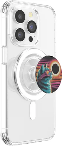 Vista 3 de Cat Solar Eclipse - Synthwave Retro Poster Style PopSockets MagSafe PopGrip for iPhone