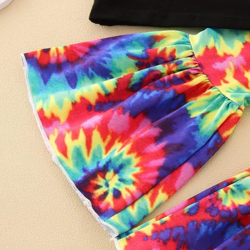 Vista 6 de Conjunto de trajes para niños y niñas, camiseta de manga corta con girasol, pantalones acampanados de teñido anudado