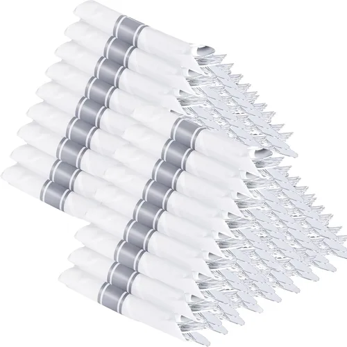 Vista 14 de Supernal Juego de 30 Cubiertos de Plástico Dorado Preenvueltos con Servilletas, Juego de Cubiertos de Plástico Envueltos, Utensilios Desechables