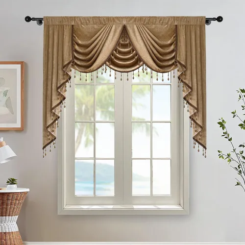 Vista 22 de Gxi Cenefa de cortina de terciopelo beige burdeos para ventanas de cocina, cenefas de cascada de terciopelo, cortinas de ventana para sala de estar