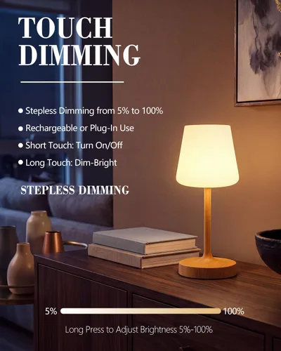 Vista 2 de GEEZO Lámpara de ducha IP55 impermeable, pequeña lámpara de mesa recargable inalámbrica de 5000 mAh, funciona con pilas, lámpara táctil regulable