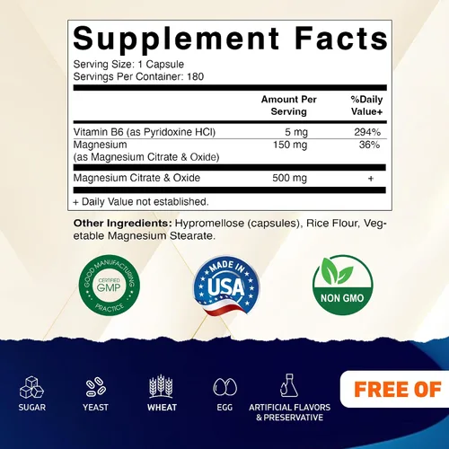 Vista 2 de Vitamatic Citrato de magnesio 500 mg por porción - 180 cápsulas vegetarianas (proporciona 150 mg de magnesio elemental) - B6 añadido para una máxima