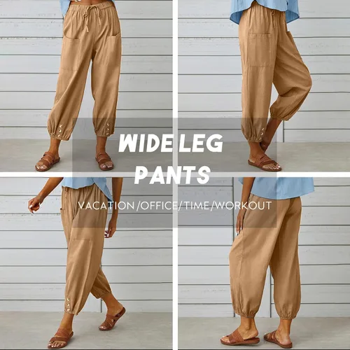 Vista 5 de Pantalones capri casuales para mujer, holgados, suaves, con cordón, pantalones de entrenamiento con bolsillos, pantalones casuales para descansar