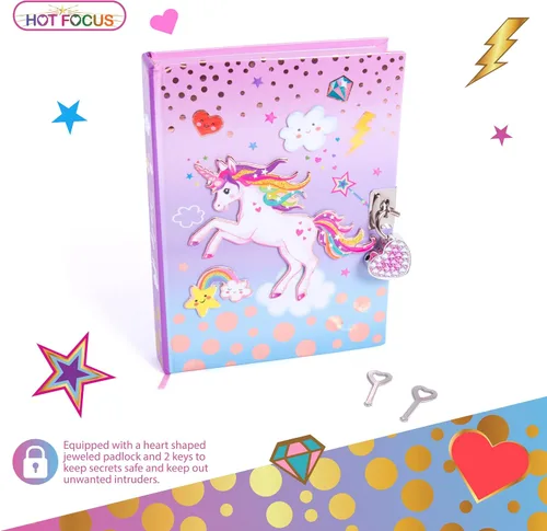 Vista 2 de Hot Focus Diario secreto de unicornio con candado, cuaderno de 7 pulgadas con 300 páginas forradas de doble cara, candado y dos llaves para niños