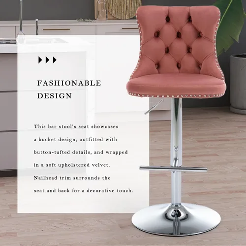Vista 294 de SoarFlash Juego de 2 taburetes de bar tapizados de terciopelo moderno con patas de madera, botones acolchados, cabeza de clavo cromada, asiento