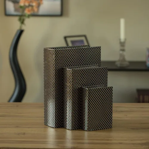 Vista 6 de Juego de 3 cajas decorativas de terciopelo de madera antigua clásica para libros Negro