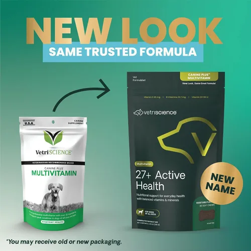 Vista 2 de VetriScience 27+ Active Health Chews, Multivitaminas diarias para caninos Plus para cachorros y perros adultos, vitaminas equilibradas, minerales