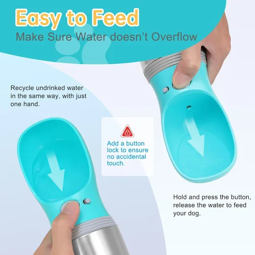 Vista 4 de Botella de agua portátil para perros, 14 onzas, dispensador de agua de acero inoxidable a prueba de fugas para cachorros con alimentador