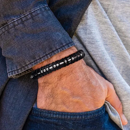 Vista 2 de Pulseras con código morse para hombres y mujeres, regalos chapados en plata de ley 925 con cuentas en cuero negro para hombre, joyería inspiradora