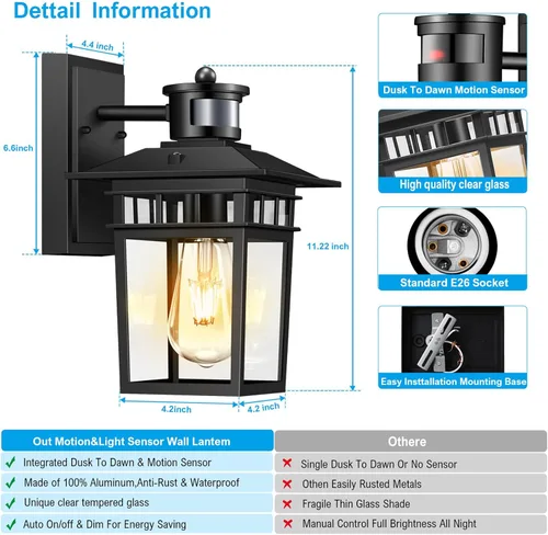 Vista 5 de Luces exteriores con sensor de movimiento para montaje en pared, lámpara exterior de anochecer a amanecer, aluminio impermeable antioxidante, luz