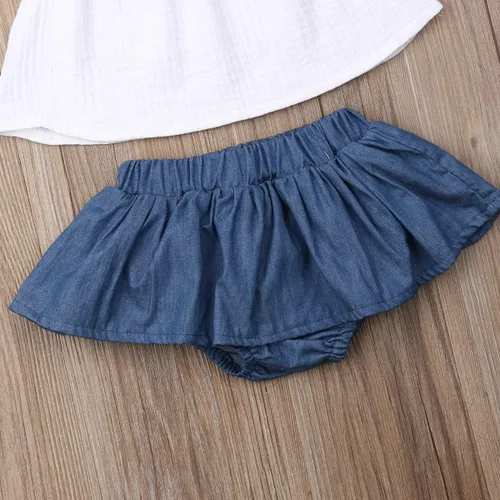 Vista 6 de Conjunto de ropa de verano para bebés y niñas con mangas de algodón y lino y falda vaquera, 2