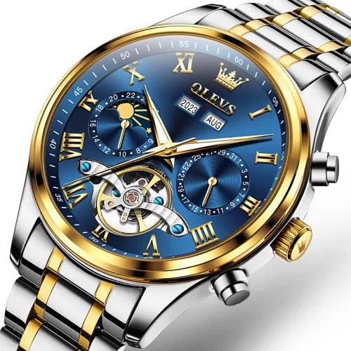 Vista 8 de OLEVS Relojes automáticos para hombre, movimiento mecánico, esfera de esqueleto, relojes Tourbillon de cuerda automática, de lujo, impermeables