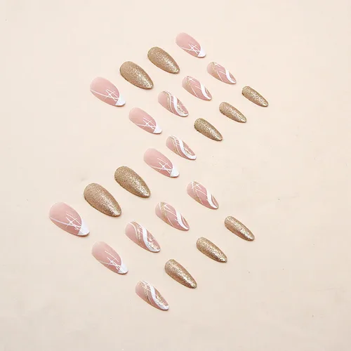 Vista 3 de Uñas postizas acrílicas artificiales de almendra media con diseño de estrellas onduladas blancas, cobertura completa, reutilizables, estilo ataúd