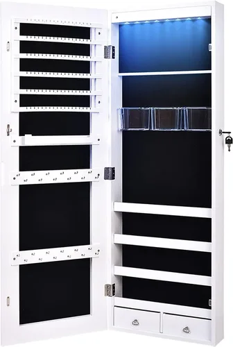 Vista 8 de LVSOMT 8 LED Organizador de joyas con espejo de cuerpo completo armario de almacenamiento montado en la paredpuerta joyero con cerradura con 2