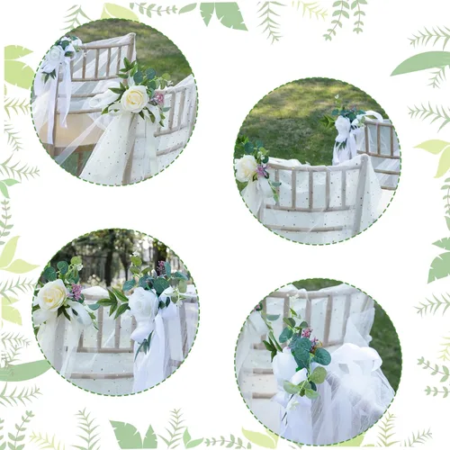 Vista 4 de Decoraciones de pasillo de boda, 6 rosas artificiales con cinta para decoración de pasillo de boda, decoración de silla de flores para bodas