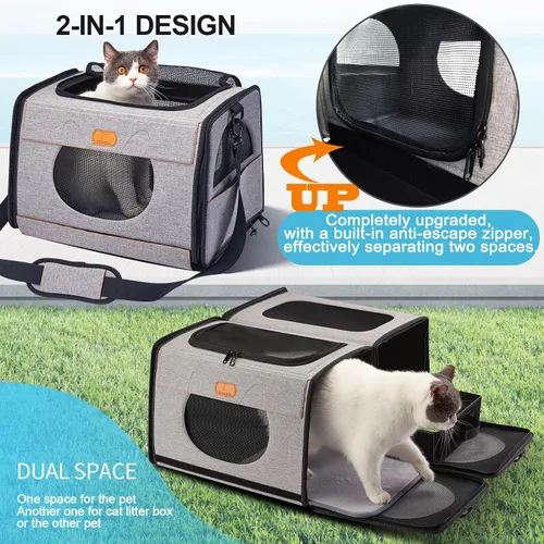 Vista 2 de IC ICREATE.X - Transportador grande para gatos con caja de arena para viajes en automóvil, bolsa de transporte de mascotas 2 en 1, doble transporte