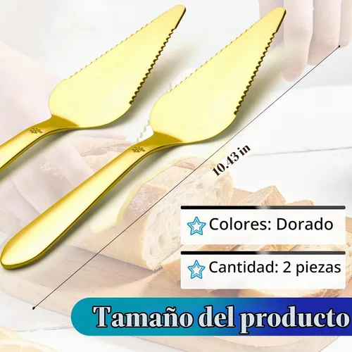 Vista 2 de Juego de servidor de pasteles y tartas Eisinly para boda, elegante juego de servidor y cortador de pizza con bordes dentados grandes de acero Dorado