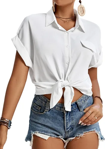 Vista 3 de LYANER Blusa casual con cuello enrollado para mujer, con mangas casquillo, con botones