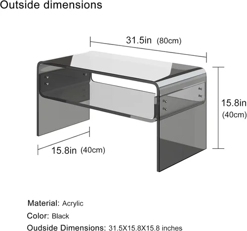 Vista 3 de Mesa auxiliar acrílica, mesa auxiliar moderna rectangular negra, mesa de té con almacenamiento abierto, adecuada para sala de estar, recepción