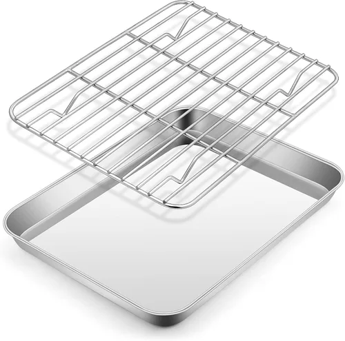 Vista 10 de E-far Bandeja pequeña de metal para horno tostador con juego de estante, bandeja para hornear de 9.4 x 7.3 pulgadas con rejilla de enfriamiento