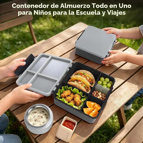 Vista 4 de Lonchera para niños con lonchera Bento con tarro de comida de 8 onzas, color negro