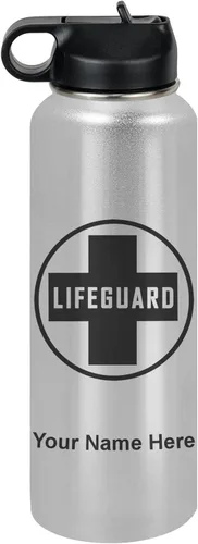 Vista 14 de LaserGram Botella de agua personalizada, salvavidas, acero inoxidable de doble pared aislada al vacío con popote superior, regalo grabado Negro