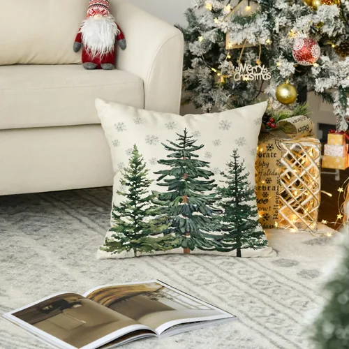 Vista 2 de AVOIN colorlife - Juego de fundas de cojín con diseño de árboles de Navidad y copos de nieve, 16 x 16 pulgadas, decoración festiva de invierno