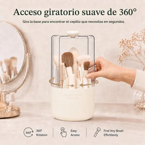 Vista 4 de EACHY Soporte para brochas de maquillaje giratorio de 360° con tapa a prueba de polvo, material impermeable, 7 compartimentos para almacenamiento