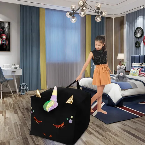 Vista 5 de Sillones puf de unicornio negro, ideas de almacenamiento de animales de peluche para decoración de habitación de niñas, soporte y organizador