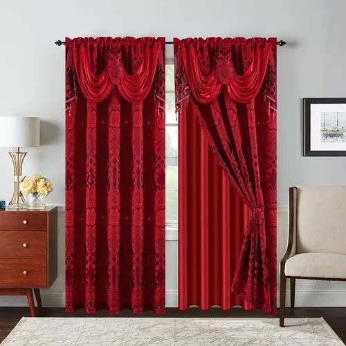 Vista 17 de Petrichor Cortinas de gasa jacquard transparente borgoña (54 pulgadas de ancho x 63 pulgadas de largo), 2 paneles con cenefa adjunta, diseño floral