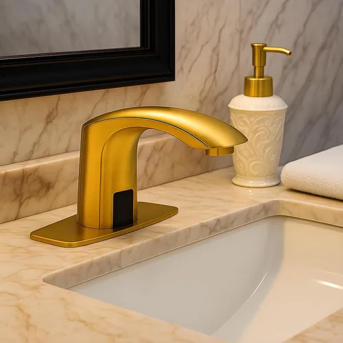 Vista 2 de Grifo de lavabo de baño sin contacto, sensor automático, funciona con pilas para 1 o 3 agujeros, oro cepillado