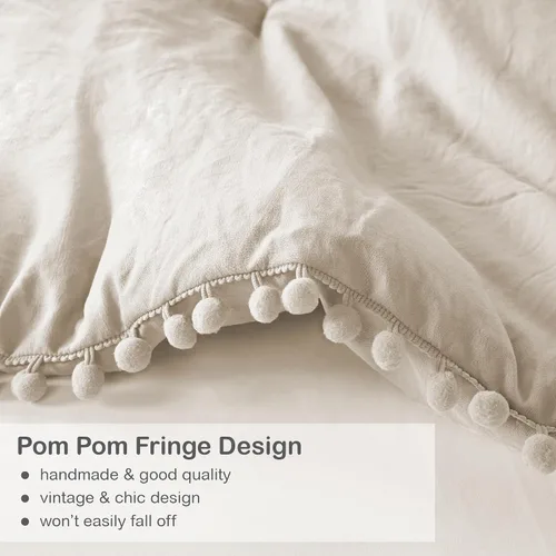 Vista 4 de Codi Juego de edredón beige tamaño King, ropa de cama bohemia chic con elegantes flecos de pompones, juego de lujo de 3 piezas de microfibra lavada