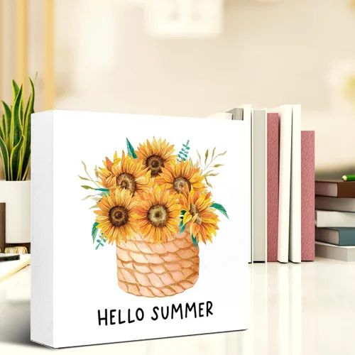 Vista 6 de Letreros de bloque de madera de verano, floreros de girasol de verano para el hogar, dormitorio, oficina, escritorio, mesa, decoración