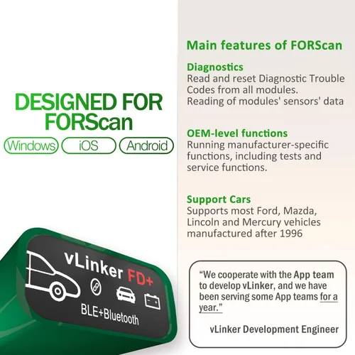 Vista 3 de Vgate vLinker FD Plus OBD2 Adaptador Bluetooth BLE Escáner para FORScan, Funciona con iPhone, Android y Windows