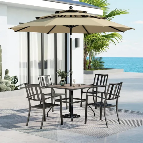 Vista 52 de MFSTUDIO Juego de mesa de comedor para patio al aire libre con paraguas, 4 sillas giratorias y 1 x 37 cuadrado Bistro forjado Iorn Slat mesa grande