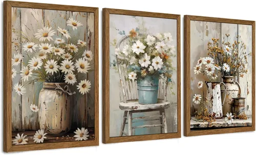 Vista 9 de DUWQU 3 piezas de arte de pared en lienzo floral azul marino, marco de madera azul marino, flores silvestres lirio, margaritas, decoración de pared