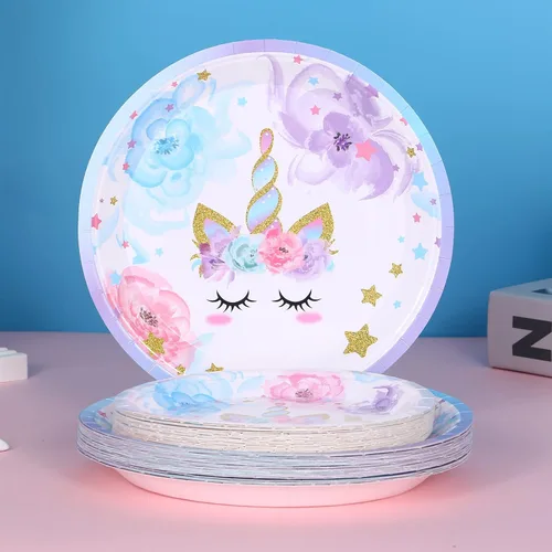 Vista 5 de Decoraciones de fiesta de cumpleaños de unicornio, platos de unicornio arcoíris y servilletas para niñas, decoración de cumpleaños, tarde, té