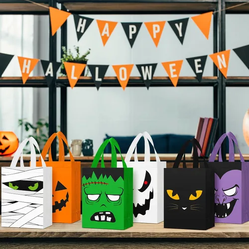 Vista 6 de Paterr 18 bolsas de dulces de Halloween, reutilizables, no tejidas, bolsas de regalo de gato, fantasma, vampiro, zombi, calabaza, con asas, a granel
