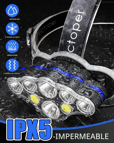 Vista 7 de Victoper - Linterna frontal recargable, 8 LED de 18000 lúmenes con luz roja, linterna frontal USB ligera, impermeable, de 8 modos, equipo para Negro