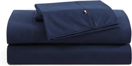 Vista 32 de Tommy Hilfiger - Sábanas para cama individual, ropa de cama de percal de algodón crujiente y fresca con funda de almohada a juego, juego de cama