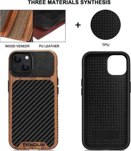 Vista 2 de TENDLIN Compatible con iPhone 13 mini - Funda de grano de madera con textura de fibra de carbono, funda híbrida de cuero compatible con iPhone 13