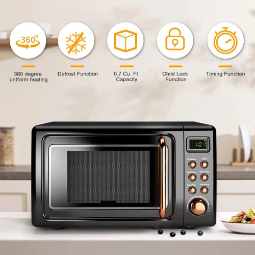 Vista 2 de Horno microondas retro, Safeplus de 0.7 pies cúbicos, microondas de 700 W con placa de acero laminado en frío, 5 micro descongelación y función