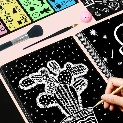 Vista 6 de ZOCONE Juego de arte de papel para rascar, 30 hojas de 8 x 11 pulgadas, papel para rascar grande con lápices y plantillas de madera, papel de arte