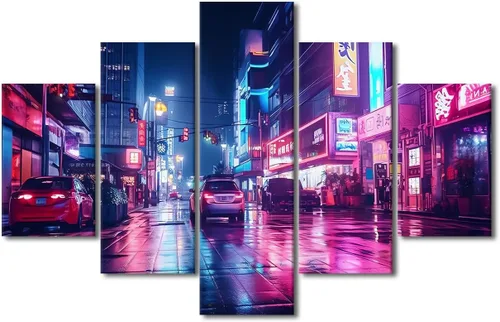 Vista 49 de Póster de 5 paneles en lienzo para decoración de pared, diseño de centro urbano Cyberpunk, impresión moderna, decoración de pared para el hogar