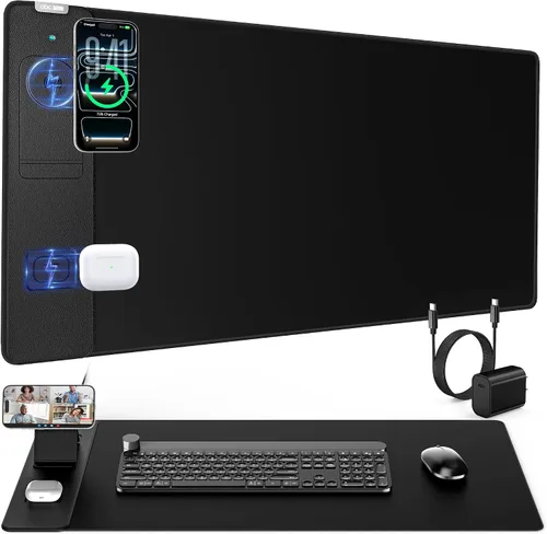 Vista 10 de Alfombrilla de mouse con soporte magnético de carga inalámbrica para teléfono, 31.5 x 15.8 pulgadas, grande, superficie lisa impermeable, base