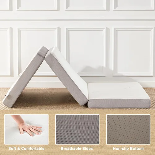 Vista 4 de Lazyzizi Colchón plegable, de espuma viscoelástica de 4 pulgadas, triple pliegue con funda de tela de fibra de bambú transpirable, colchón plegable